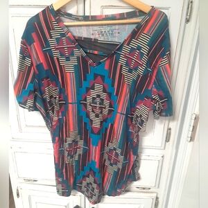 Crazy Train Geometric V-Neck Tee - Multicolor Aztec XL